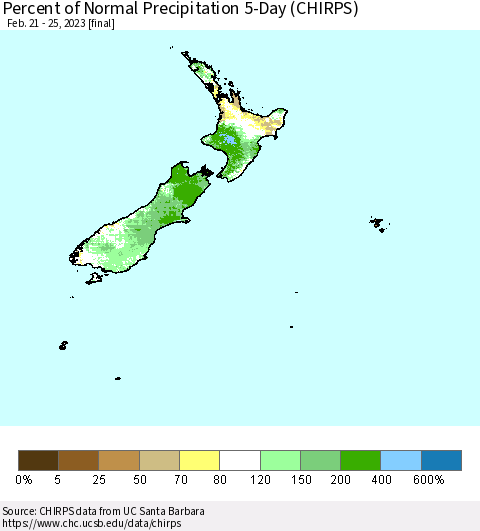 New Zealand Percent of Normal Precipitation 5-Day (CHIRPS) Thematic Map For 2/21/2023 - 2/25/2023