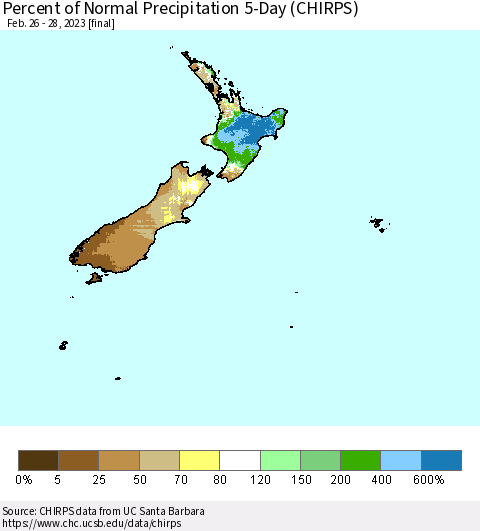 New Zealand Percent of Normal Precipitation 5-Day (CHIRPS) Thematic Map For 2/26/2023 - 2/28/2023