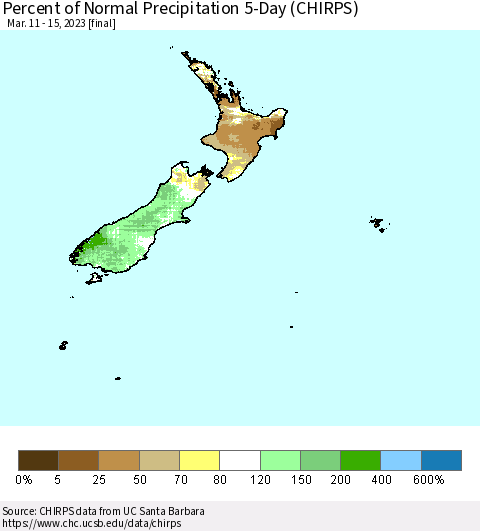 New Zealand Percent of Normal Precipitation 5-Day (CHIRPS) Thematic Map For 3/11/2023 - 3/15/2023