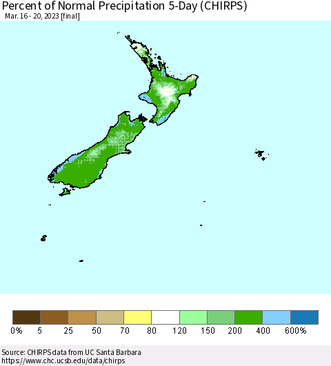 New Zealand Percent of Normal Precipitation 5-Day (CHIRPS) Thematic Map For 3/16/2023 - 3/20/2023