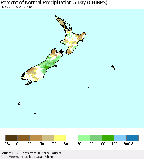 New Zealand Percent of Normal Precipitation 5-Day (CHIRPS) Thematic Map For 3/21/2023 - 3/25/2023