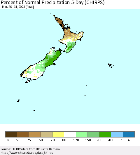 New Zealand Percent of Normal Precipitation 5-Day (CHIRPS) Thematic Map For 3/26/2023 - 3/31/2023