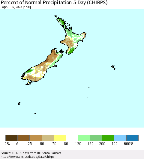 New Zealand Percent of Normal Precipitation 5-Day (CHIRPS) Thematic Map For 4/1/2023 - 4/5/2023