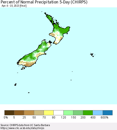 New Zealand Percent of Normal Precipitation 5-Day (CHIRPS) Thematic Map For 4/6/2023 - 4/10/2023