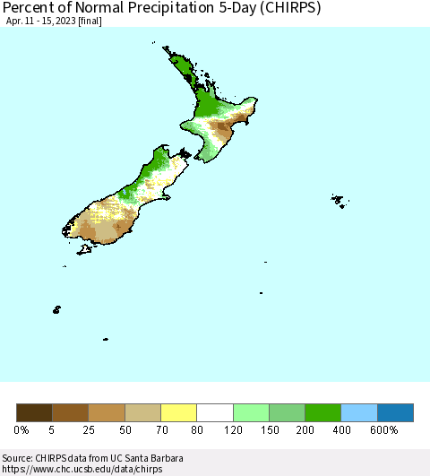 New Zealand Percent of Normal Precipitation 5-Day (CHIRPS) Thematic Map For 4/11/2023 - 4/15/2023