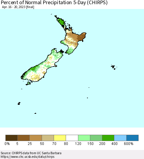 New Zealand Percent of Normal Precipitation 5-Day (CHIRPS) Thematic Map For 4/16/2023 - 4/20/2023