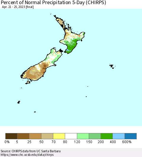 New Zealand Percent of Normal Precipitation 5-Day (CHIRPS) Thematic Map For 4/21/2023 - 4/25/2023