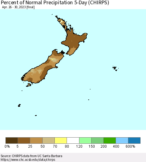 New Zealand Percent of Normal Precipitation 5-Day (CHIRPS) Thematic Map For 4/26/2023 - 4/30/2023