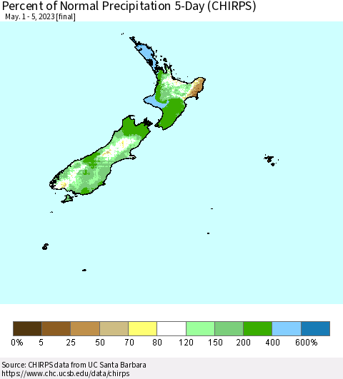 New Zealand Percent of Normal Precipitation 5-Day (CHIRPS) Thematic Map For 5/1/2023 - 5/5/2023