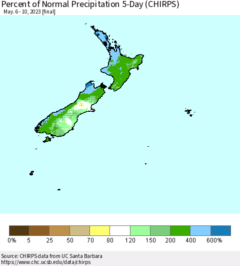 New Zealand Percent of Normal Precipitation 5-Day (CHIRPS) Thematic Map For 5/6/2023 - 5/10/2023