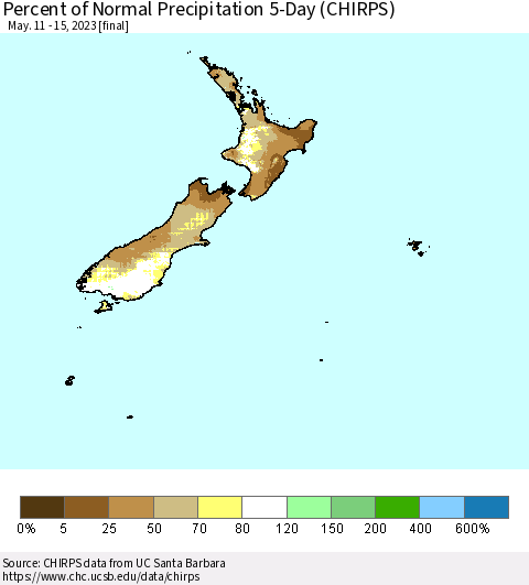 New Zealand Percent of Normal Precipitation 5-Day (CHIRPS) Thematic Map For 5/11/2023 - 5/15/2023