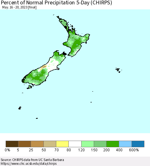 New Zealand Percent of Normal Precipitation 5-Day (CHIRPS) Thematic Map For 5/16/2023 - 5/20/2023