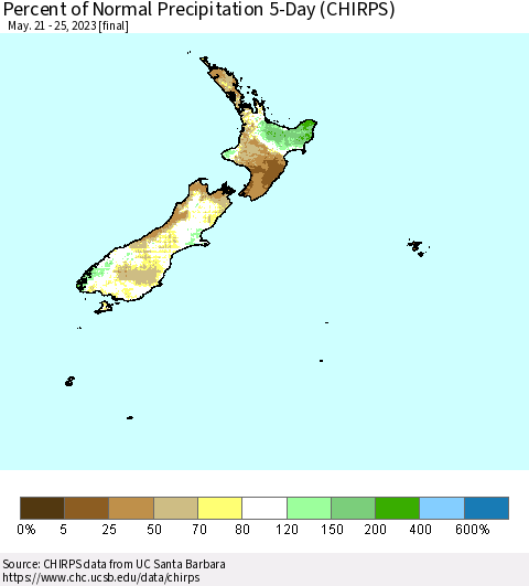 New Zealand Percent of Normal Precipitation 5-Day (CHIRPS) Thematic Map For 5/21/2023 - 5/25/2023