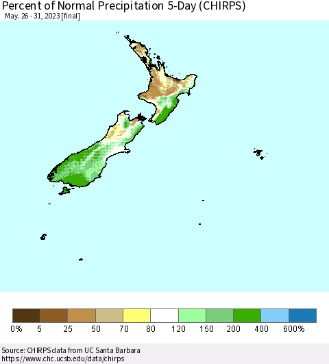 New Zealand Percent of Normal Precipitation 5-Day (CHIRPS) Thematic Map For 5/26/2023 - 5/31/2023