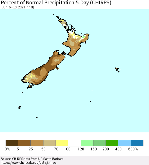 New Zealand Percent of Normal Precipitation 5-Day (CHIRPS) Thematic Map For 6/6/2023 - 6/10/2023