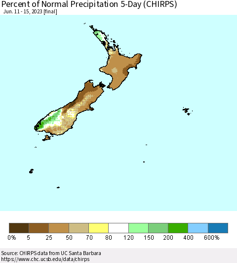New Zealand Percent of Normal Precipitation 5-Day (CHIRPS) Thematic Map For 6/11/2023 - 6/15/2023