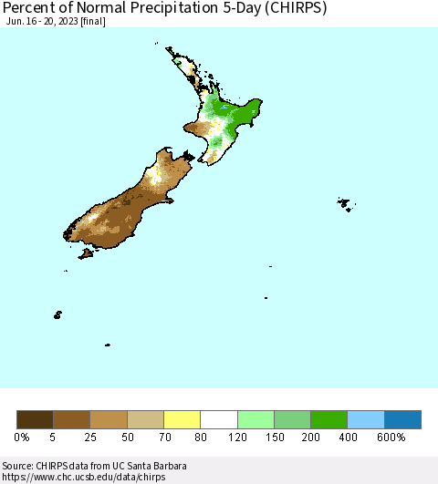 New Zealand Percent of Normal Precipitation 5-Day (CHIRPS) Thematic Map For 6/16/2023 - 6/20/2023