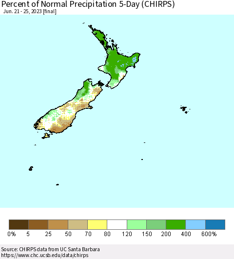 New Zealand Percent of Normal Precipitation 5-Day (CHIRPS) Thematic Map For 6/21/2023 - 6/25/2023