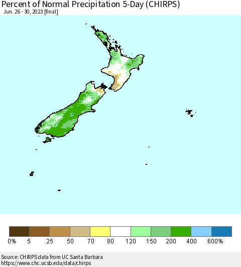 New Zealand Percent of Normal Precipitation 5-Day (CHIRPS) Thematic Map For 6/26/2023 - 6/30/2023