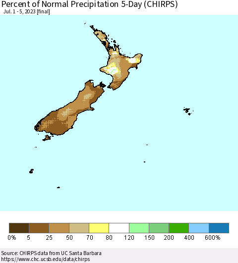 New Zealand Percent of Normal Precipitation 5-Day (CHIRPS) Thematic Map For 7/1/2023 - 7/5/2023