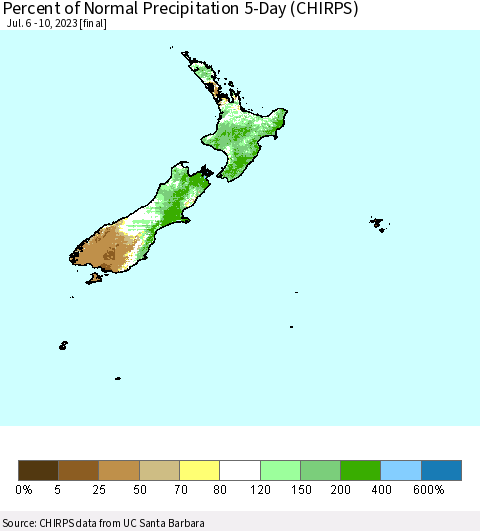 New Zealand Percent of Normal Precipitation 5-Day (CHIRPS) Thematic Map For 7/6/2023 - 7/10/2023