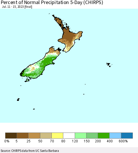 New Zealand Percent of Normal Precipitation 5-Day (CHIRPS) Thematic Map For 7/11/2023 - 7/15/2023