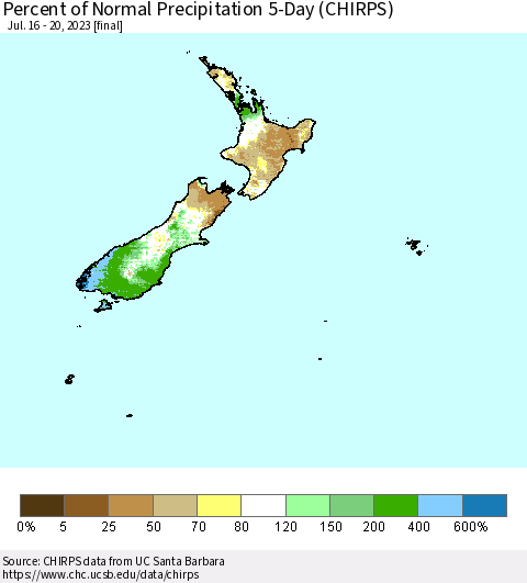 New Zealand Percent of Normal Precipitation 5-Day (CHIRPS) Thematic Map For 7/16/2023 - 7/20/2023