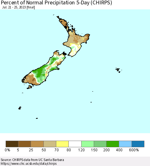 New Zealand Percent of Normal Precipitation 5-Day (CHIRPS) Thematic Map For 7/21/2023 - 7/25/2023