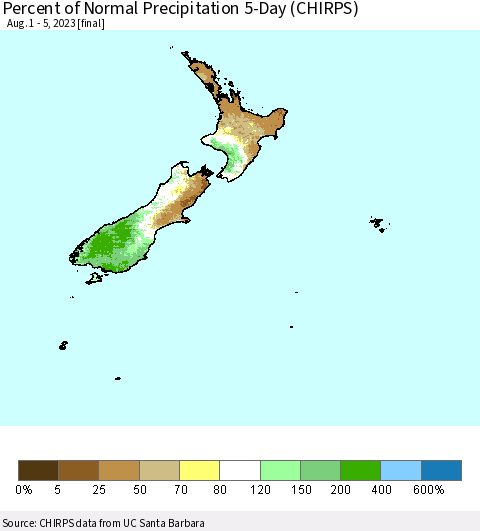 New Zealand Percent of Normal Precipitation 5-Day (CHIRPS) Thematic Map For 8/1/2023 - 8/5/2023