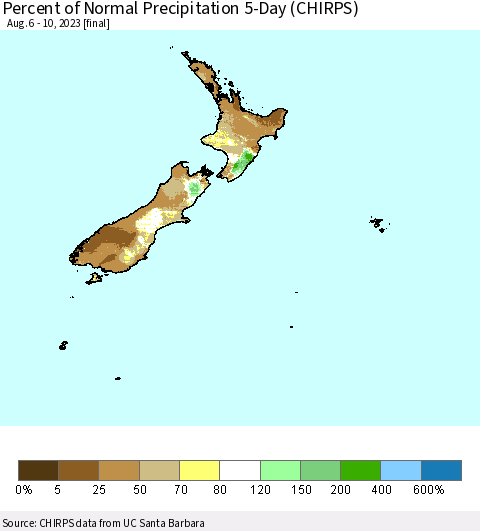 New Zealand Percent of Normal Precipitation 5-Day (CHIRPS) Thematic Map For 8/6/2023 - 8/10/2023