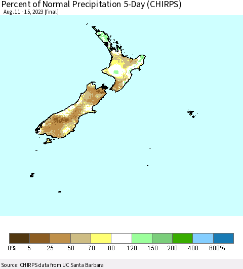 New Zealand Percent of Normal Precipitation 5-Day (CHIRPS) Thematic Map For 8/11/2023 - 8/15/2023