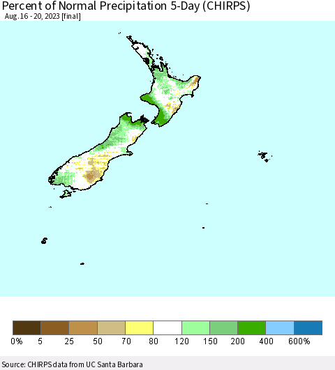 New Zealand Percent of Normal Precipitation 5-Day (CHIRPS) Thematic Map For 8/16/2023 - 8/20/2023