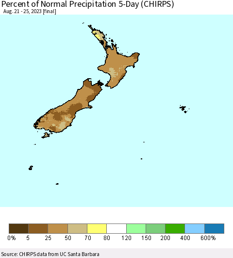 New Zealand Percent of Normal Precipitation 5-Day (CHIRPS) Thematic Map For 8/21/2023 - 8/25/2023
