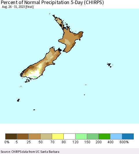 New Zealand Percent of Normal Precipitation 5-Day (CHIRPS) Thematic Map For 8/26/2023 - 8/31/2023