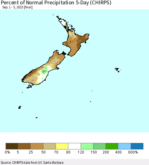 New Zealand Percent of Normal Precipitation 5-Day (CHIRPS) Thematic Map For 9/1/2023 - 9/5/2023