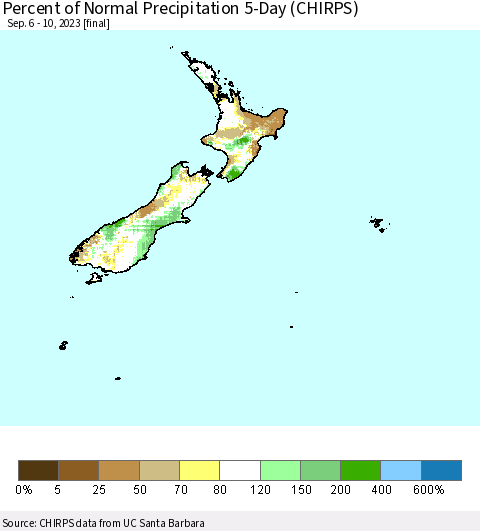 New Zealand Percent of Normal Precipitation 5-Day (CHIRPS) Thematic Map For 9/6/2023 - 9/10/2023