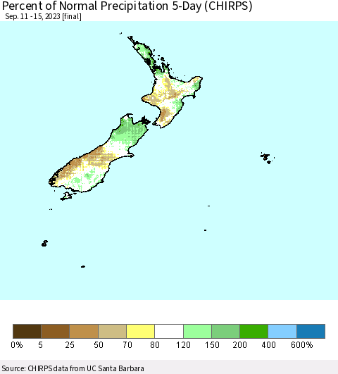 New Zealand Percent of Normal Precipitation 5-Day (CHIRPS) Thematic Map For 9/11/2023 - 9/15/2023