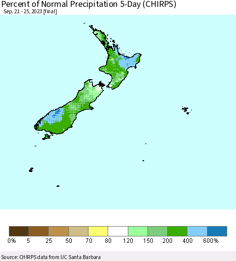 New Zealand Percent of Normal Precipitation 5-Day (CHIRPS) Thematic Map For 9/21/2023 - 9/25/2023