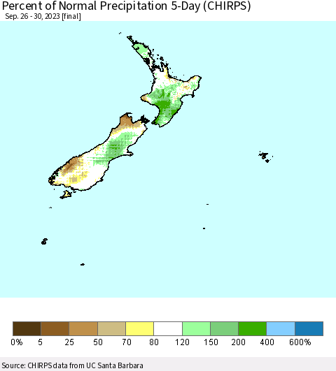 New Zealand Percent of Normal Precipitation 5-Day (CHIRPS) Thematic Map For 9/26/2023 - 9/30/2023