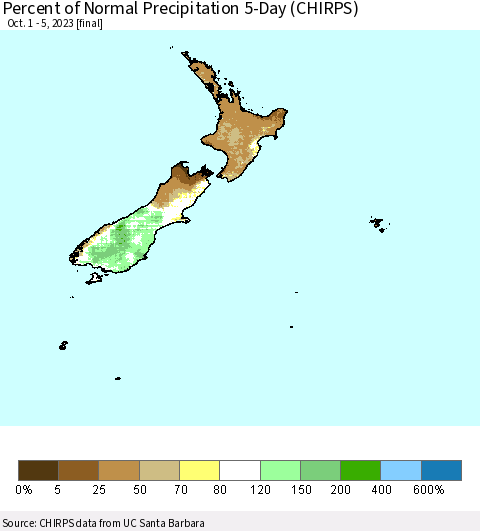 New Zealand Percent of Normal Precipitation 5-Day (CHIRPS) Thematic Map For 10/1/2023 - 10/5/2023