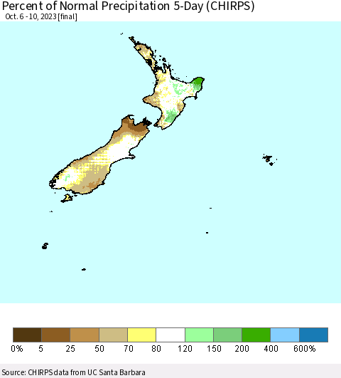 New Zealand Percent of Normal Precipitation 5-Day (CHIRPS) Thematic Map For 10/6/2023 - 10/10/2023