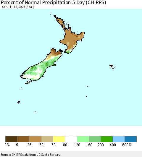 New Zealand Percent of Normal Precipitation 5-Day (CHIRPS) Thematic Map For 10/11/2023 - 10/15/2023
