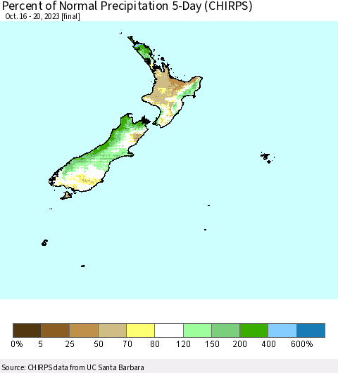 New Zealand Percent of Normal Precipitation 5-Day (CHIRPS) Thematic Map For 10/16/2023 - 10/20/2023