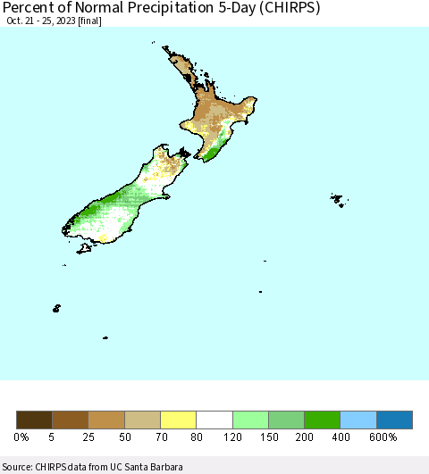 New Zealand Percent of Normal Precipitation 5-Day (CHIRPS) Thematic Map For 10/21/2023 - 10/25/2023