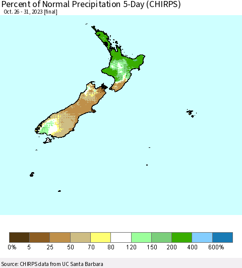 New Zealand Percent of Normal Precipitation 5-Day (CHIRPS) Thematic Map For 10/26/2023 - 10/31/2023