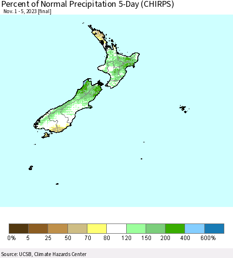 New Zealand Percent of Normal Precipitation 5-Day (CHIRPS) Thematic Map For 11/1/2023 - 11/5/2023