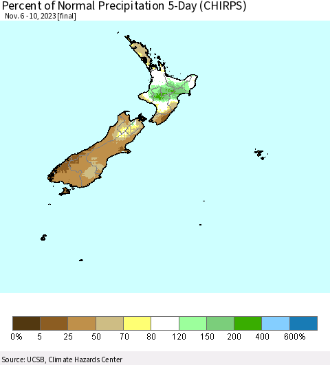 New Zealand Percent of Normal Precipitation 5-Day (CHIRPS) Thematic Map For 11/6/2023 - 11/10/2023