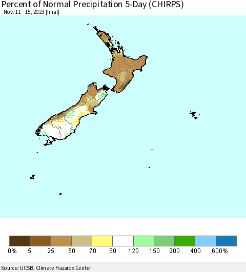 New Zealand Percent of Normal Precipitation 5-Day (CHIRPS) Thematic Map For 11/11/2023 - 11/15/2023