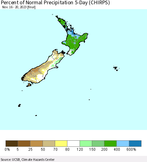 New Zealand Percent of Normal Precipitation 5-Day (CHIRPS) Thematic Map For 11/16/2023 - 11/20/2023