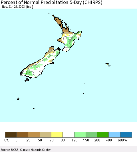 New Zealand Percent of Normal Precipitation 5-Day (CHIRPS) Thematic Map For 11/21/2023 - 11/25/2023
